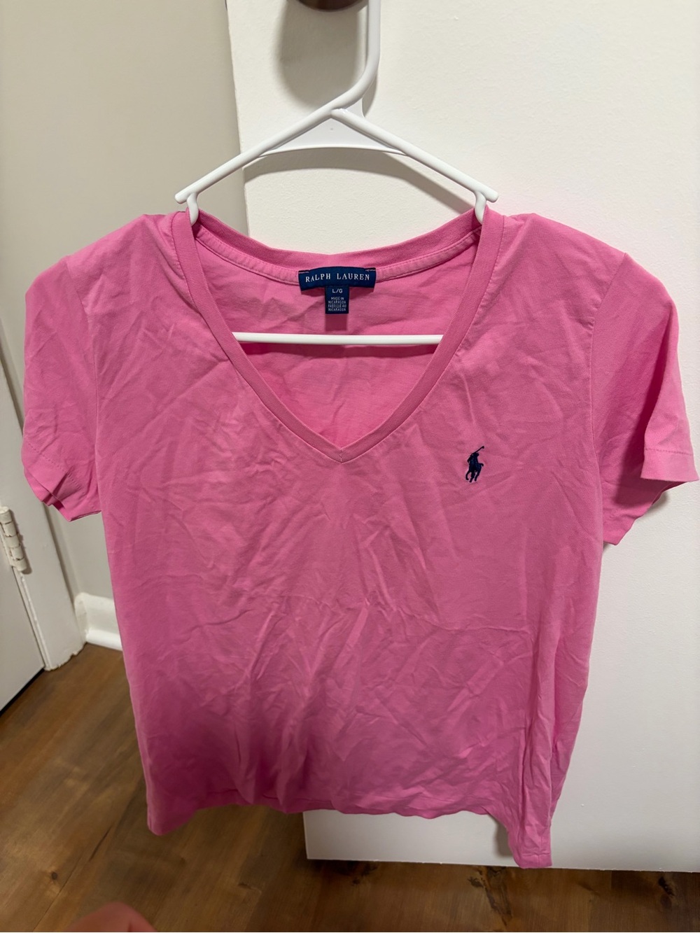 Ralph Lauren Pink V-Neck Polo Tee with Navy Logo